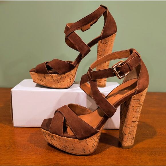 Madison Harding Brown Cork Platform Heels - Size 7 - Picture 1 of 8